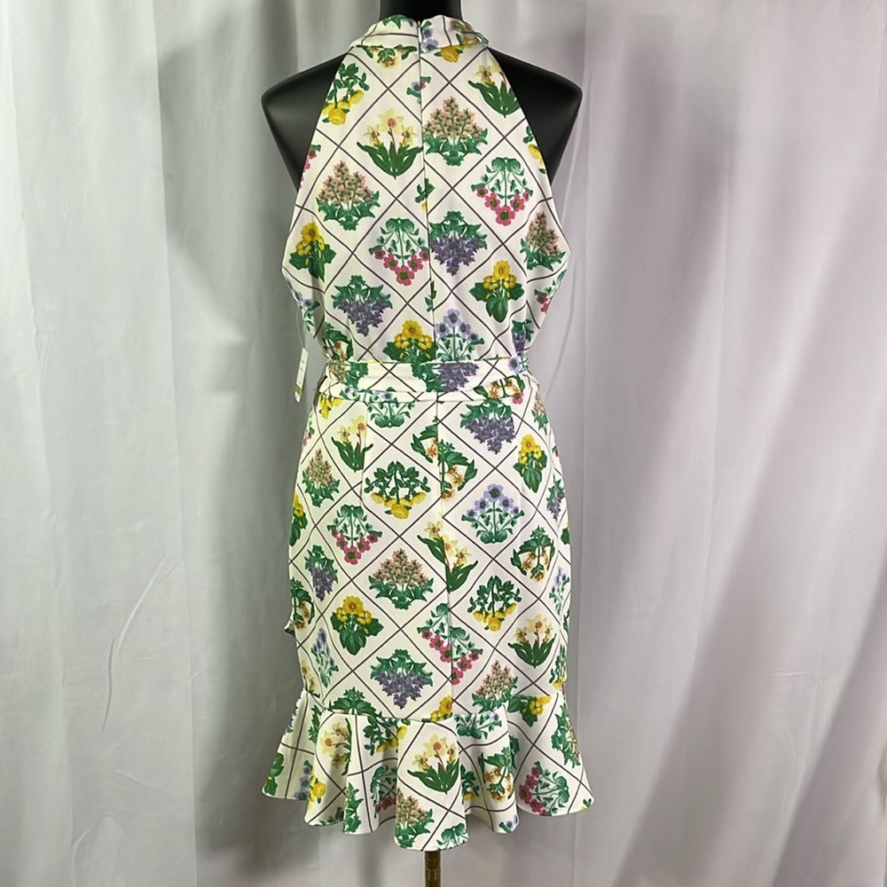 NWT Melonie T Floral Lattice Print Sleeveless High Neck Ruffle Hem Dress - Picture 3 of 16